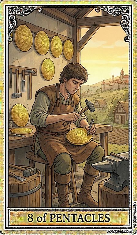 Eight of Pentacles Tarot card